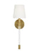 Distressed black and brass modern wall light with a spherical shade.