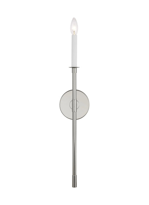 A modern ceiling fan with three polished nickel blades and a central light kit.