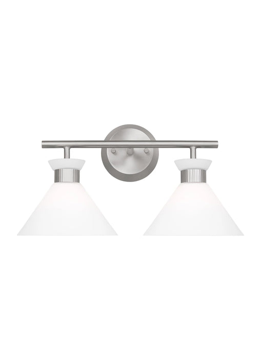A modern circular flush mount ceiling light with a brushed steel finish and a white diffuser.