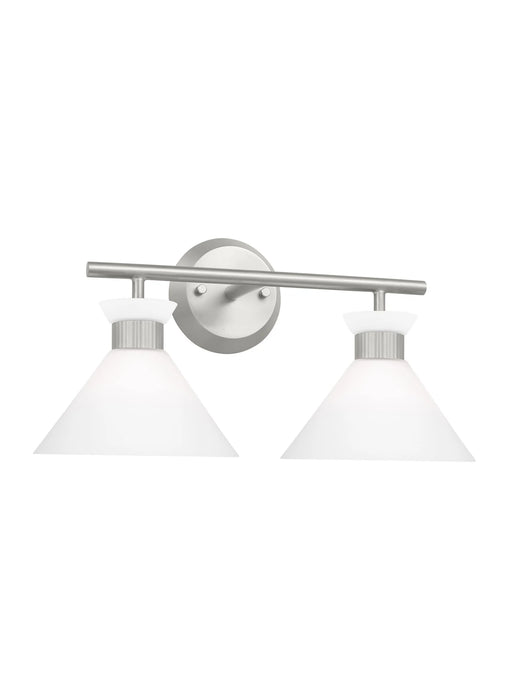 An angled view of a brushed steel circular flush mount light.