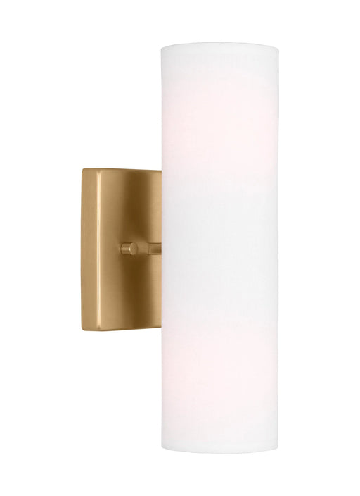 A modern bathroom vanity light with three cylindrical white glass shades and a satin brass finish.