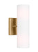 A modern bathroom vanity light with three cylindrical white glass shades and a satin brass finish.
