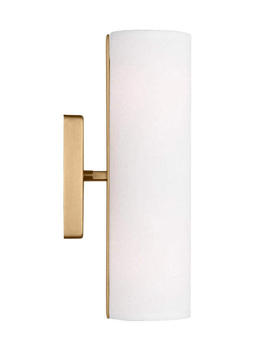 A modern satin brass bathroom vanity light with three cylindrical glass shades seen from a different angle.