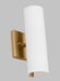 A side profile of a modern satin brass bathroom vanity light showing the cylindrical shades.