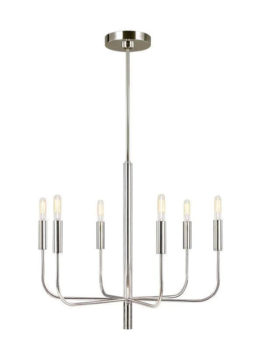 Polished nickel modern circular ceiling light with six spherical clear glass shades.