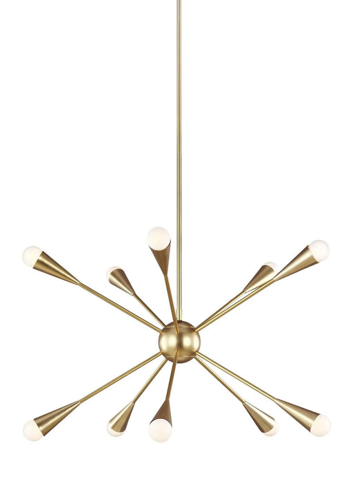 Distressed black and brass modern circular ceiling light with ten spherical clear glass shades, angled view.