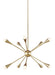 Distressed black and brass modern circular ceiling light with ten spherical clear glass shades, angled view.