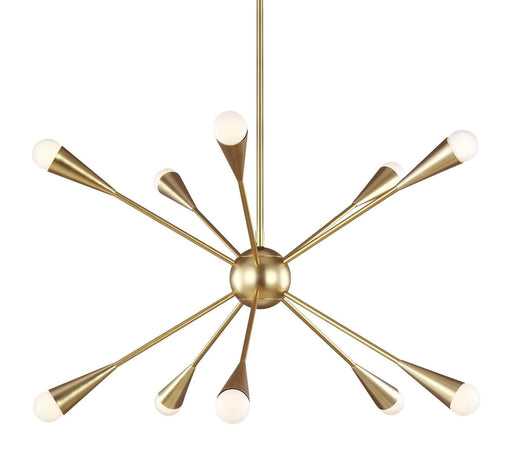 Distressed black and brass modern circular ceiling light with ten spherical clear glass shades, cropped view.