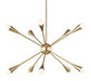 Distressed black and brass modern circular ceiling light with ten spherical clear glass shades, cropped view.