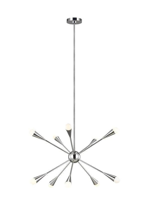 Polished nickel modern circular ceiling light with ten spherical clear glass shades.