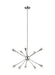 Polished nickel modern circular ceiling light with ten spherical clear glass shades.