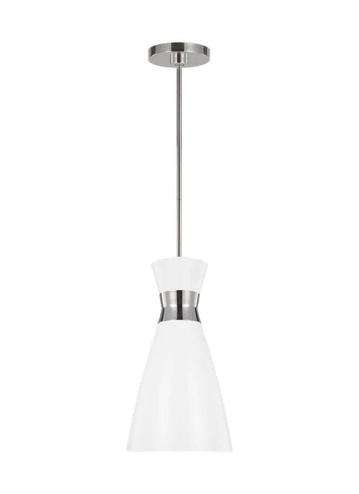 Matte white and polished nickel modern cylindrical pendant light.