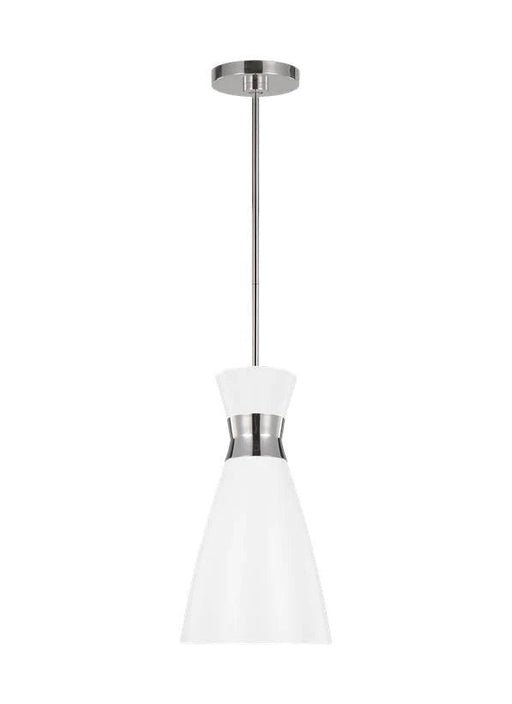 Matte white and polished nickel modern cylindrical pendant light.
