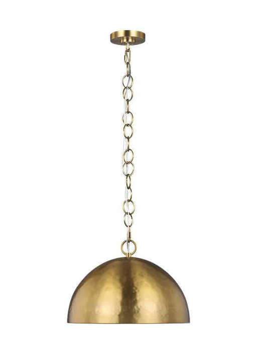 Distressed black and brass modern cylindrical pendant light with a decorative element.