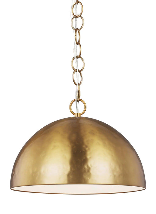 Distressed black and brass modern cylindrical pendant light with a decorative element, angled view.
