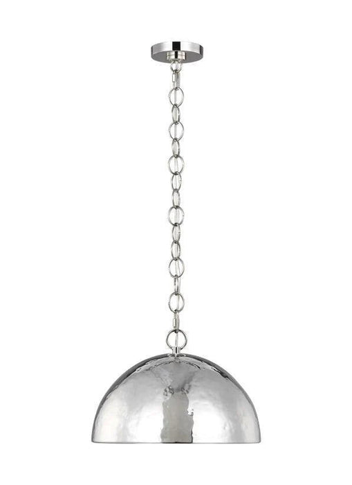 Polished nickel modern cylindrical pendant light with a decorative element.