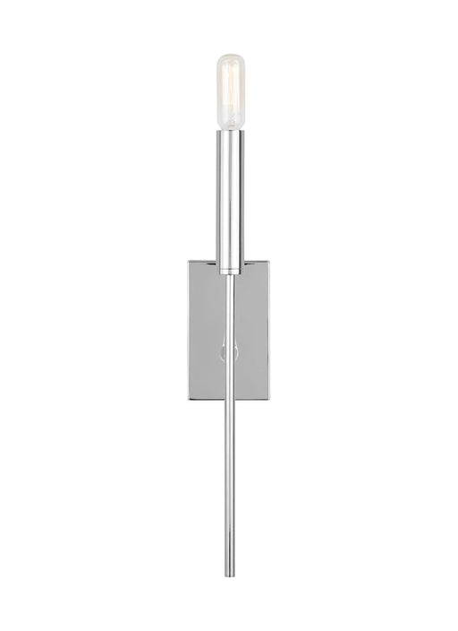 A modern ceiling fan with five polished nickel blades and a central light kit.