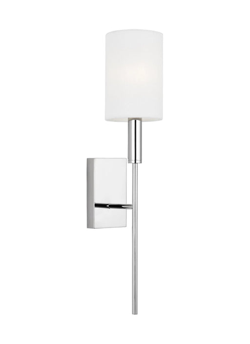 An angled view of a modern polished nickel ceiling fan.
