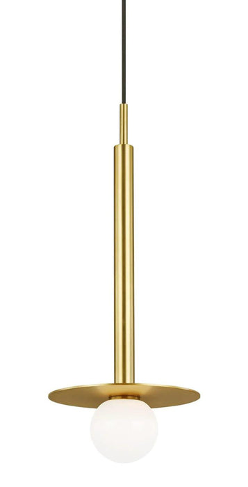 Distressed black and brass modern pendant light with a cone-shaped shade, cropped view.