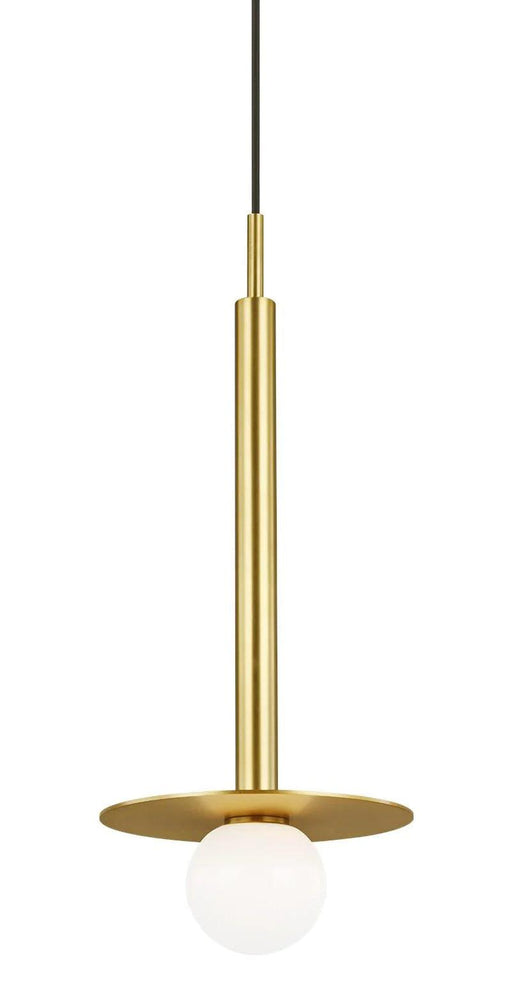 Distressed black and brass modern pendant light with a cone-shaped shade, cropped view.