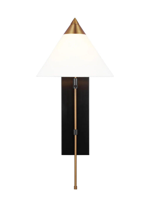 Distressed black and bronze modern wall light with a long cylindrical shade.