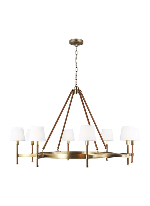 Textured white and brass modern linear ceiling light with eight cylindrical shades, side view.