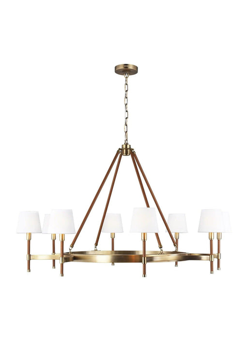 Textured white and brass modern linear ceiling light with eight cylindrical shades, side view.