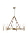 Textured white and brass modern linear ceiling light with eight cylindrical shades, side view.