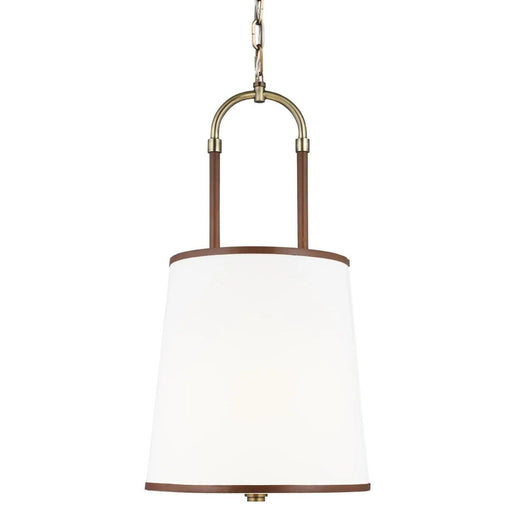 Textured white and brass modern pendant light with a wide dish shade.