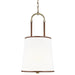Textured white and brass modern pendant light with a wide dish shade.