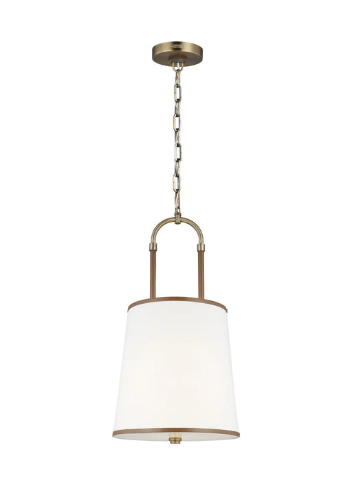 Textured white and brass modern pendant light with a wide dish shade, angled view.