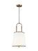 Textured white and brass modern pendant light with a wide dish shade, angled view.