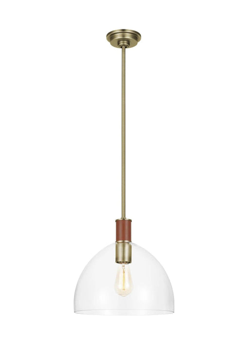 Textured white and brass modern pendant light with a wide bowl shade, angled view.