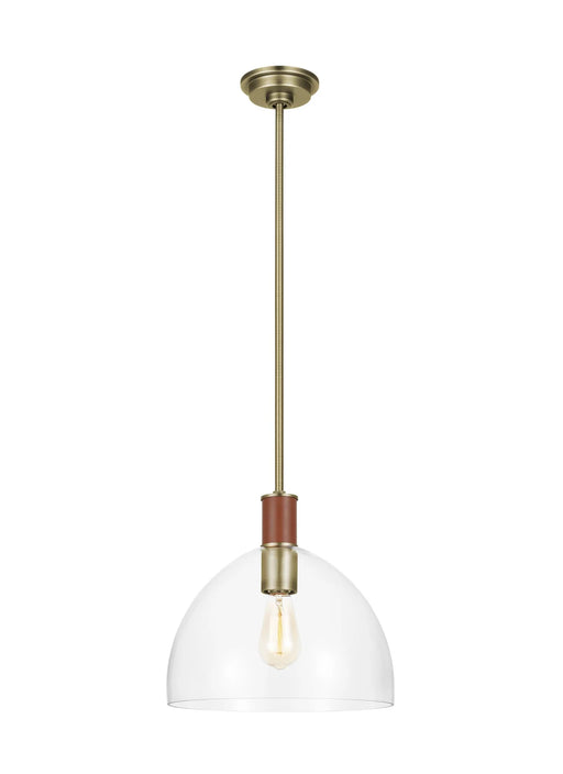 Textured white and brass coastal-style pendant light with a wide bowl shade, angled view.
