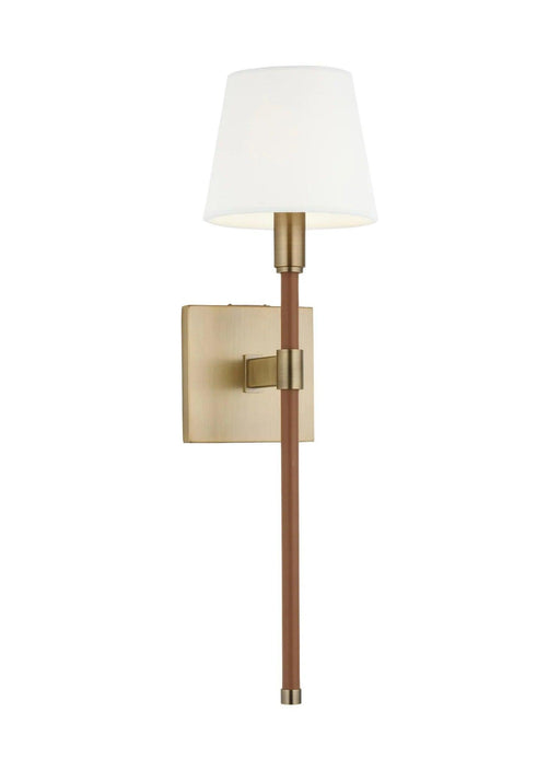 Textured white and brass wall light with a wide dish shade, angled view.
