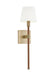 Textured white and brass wall light with a wide dish shade, angled view.
