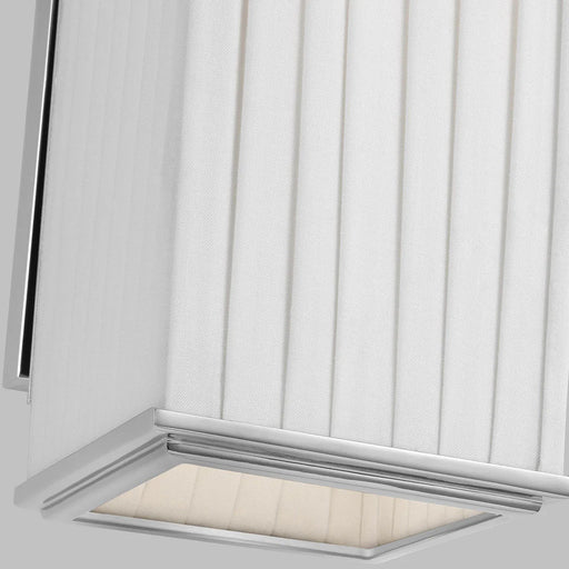 A close-up of a polished nickel linear pendant light highlighting the LED light source.