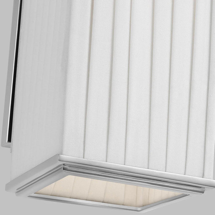 A close-up of a polished nickel linear pendant light highlighting the LED light source.