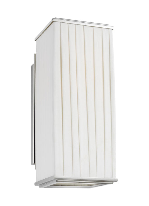 A side view of a minimalist polished nickel linear pendant light.