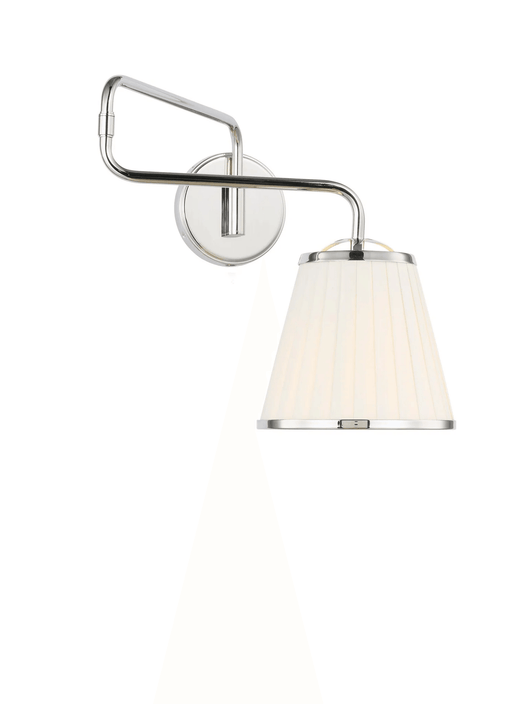 Polished nickel and distressed wood modern wall light with a spherical glass shade.