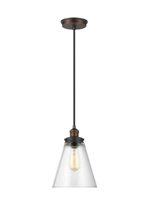 Pendant light with an aged brass and distressed wood finish and a clear glass shade.