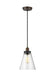 Pendant light with an aged brass and distressed wood finish and a clear glass shade.