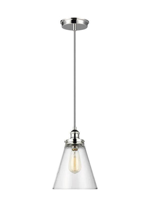 Pendant light with a polished nickel finish and a clear glass shade.