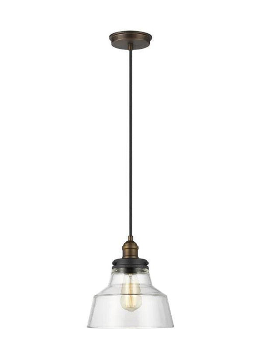 Aged brass and distressed wood linear chandelier with multiple clear glass shades.