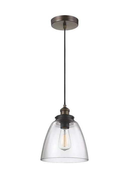 Aged brass and distressed wood large linear chandelier with multiple clear glass shades.