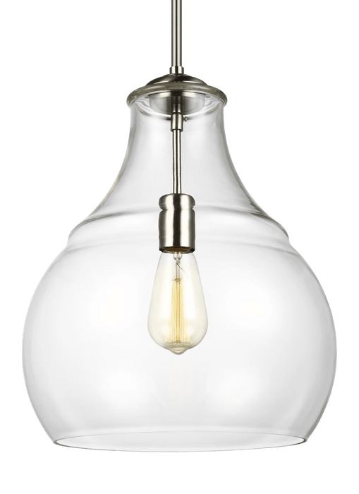 Satin nickel industrial-style pendant light with an open cage design, angled view.