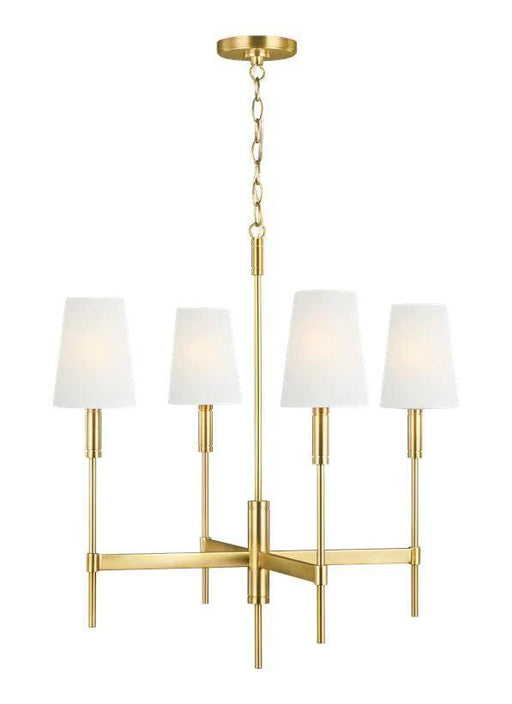 Distressed black and brass modern ceiling light with four cylindrical shades arranged in a cross pattern.