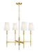 Distressed black and brass modern ceiling light with four cylindrical shades arranged in a cross pattern.
