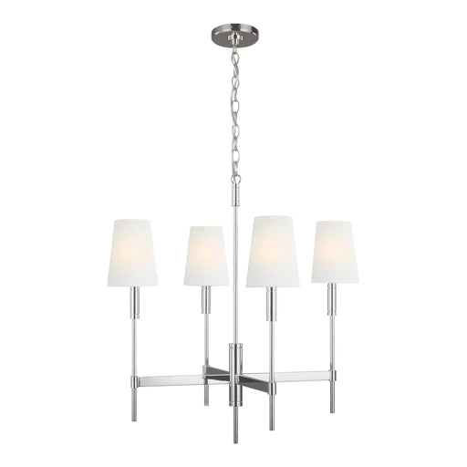 Polished nickel modern ceiling light with four cylindrical shades arranged in a cross pattern.
