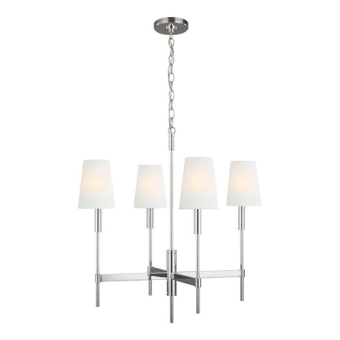 Polished nickel modern ceiling light with four cylindrical shades arranged in a cross pattern.